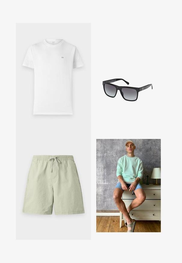 Weißes Baumwoll-T-Shirt mit klassischem Rundhalsausschnitt, kurzen Ärmeln und kleinem grauen GAP-Logo auf der linken Brust. Einfaches, unaufdringliches Design.; Hellgrüne Baumwollshorts mit elastischem Bund und Kordelzug, ausgestattet mit Seitentaschen und einer lockeren Passform. Glatte Textur, knielanges Design.; Mintgrüner Sweatshirt, Jeansshorts und olivgrüne Slipper. Sitzt auf einer hellen Kommode vor einer strukturierten grauen Wand.; Guess Sonnenbrille - glossy black smoke gray