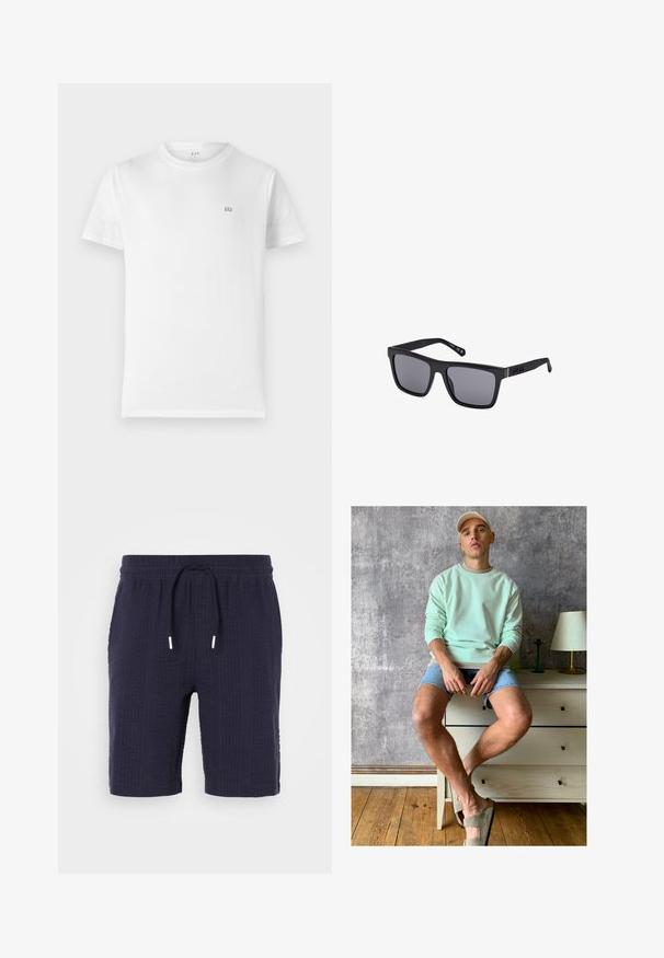 Bijela pamučna majica s klasičnim okruglim izrezom, kratkim rukavima i malim, sivim GAP logom na lijevoj strani prsnog koša. Jednostavan, neukrašen dizajn.; Mornarske kratke hlače s teksturiranim uzorkom, elastičnim pojasom i zatvaranjem na vezivanje. Imaju opušteni kroj i dužinu iznad koljena.; Majica mint zelene boje, traper šortsevi i maslinasto zelene slip-on cipele. Sjedi na svijetlom komodi uz pozadinu s teksturiranom sivom zidnom površinom.; Crne pravokutne sunčane naočale s tamnim lećama, mat završetkom i detaljem logotipa na ručki. Dizajn ima ravne rubove i debele okvire.
