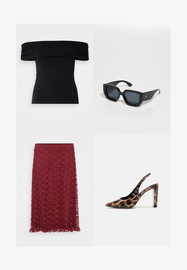 Čierny top bez ramien vyrobený z mäkkej látky. Má nazberané detaily pozdĺž rukávov a priliehavý strih.; Burgundské krajkové sukne s kvetinovým vzorom, semi-priesvitná látka a volánový lem. Elastický pás poskytuje pohodlie a flexibilitu.; Lodičky so slingback v leopardom vzore s ostrou špičkou a priehľadným blokovým podpätkom. Vyrobené z lesklého materiálu s hladkou textúrou.; Čierne nadrozmerné slnečné okuliare s geometrickým vzorom, obdĺžnikové šošovky a lesklý povrch. Na prednej strane nie sú viditeľné žiadne značky.