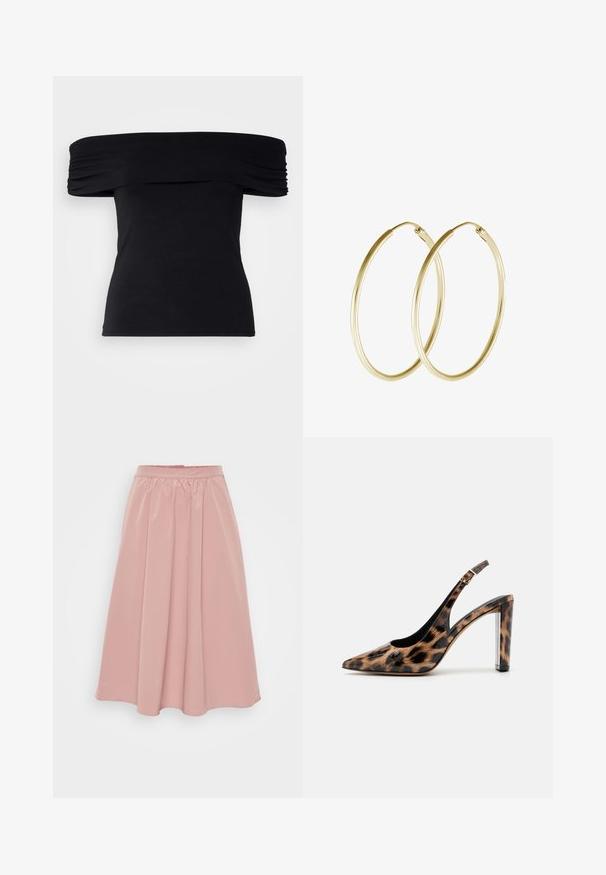Juodas off-the-shoulder marškinėlis, pagamintas iš minkštos medžiagos. Įrengtos susiraukšlėjimo detalės ant rankovių ir prigludusi siluetas.; Rožinė, iki kelių siekianti sijonas, pagamintas iš lygaus audinio, su susiraukšlėjusiu juosmens dizainu ir klostėmis. Lygus, be papildomų detalių ar raštų.; Leopardų rašto slingback aukštakulniai su smailiu priekiu ir skaidriu blokuotu kulnu. Pagaminti iš blizgaus medžiagos su glotnia tekstūra.; Aukso auskarai žiedai su lygia, apvali forma ir blizgiu paviršiumi. Lengva konstrukcija su saugiu užsegimu.