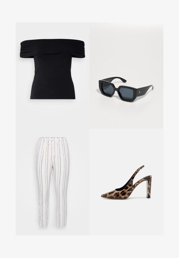 Melnā tops bez plecu, izgatavots no mīksta auduma. Iezīmējas ar savāktajām detaļām gar piedurknēm un pieguļošu siluetu.; Vieglie, elpojoši lina bikses ar ieliktiem siksnām jostas vietā, ar vertikālām strīpām zilā un brūnā krāsā uz balta fona.; Lāču raksta slingback kurpes ar norādītu purngalu un caurspīdīgu bloku papēdi. Izgatavotas no spīdīgas masas ar gludu tekstūru.; Melnas lielas saulesbrilles ar ģeometrisku dizainu, taisnstūrveida lēcas un spīdīgu apdari. Uz priekša nav redzama zīmola.