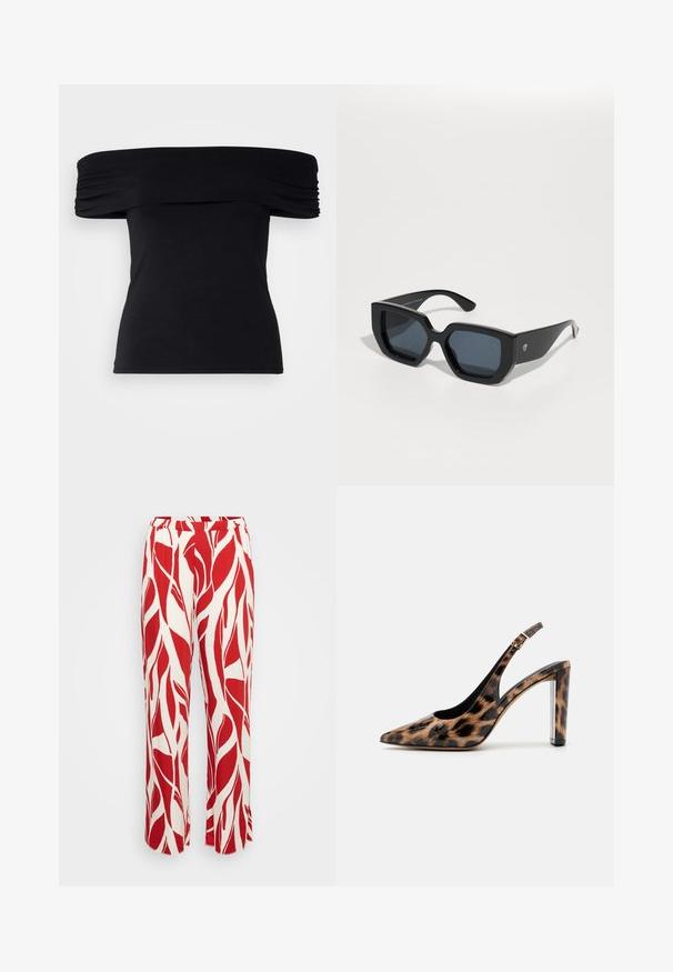 Black off-the-shoulder top made of soft fabric. Features gathered detailing along the sleeves and a fitted silhouette.; Red and white patterned trousers with a leaf design, featuring a wide leg, elastic waistband, and lightweight fabric.; Leopard print slingback pump with a pointed toe and transparent block heel. Made of glossy material with a smooth texture.; Black oversized sunglasses with a geometric design, rectangular lenses, and glossy finish. No visible branding on the front.