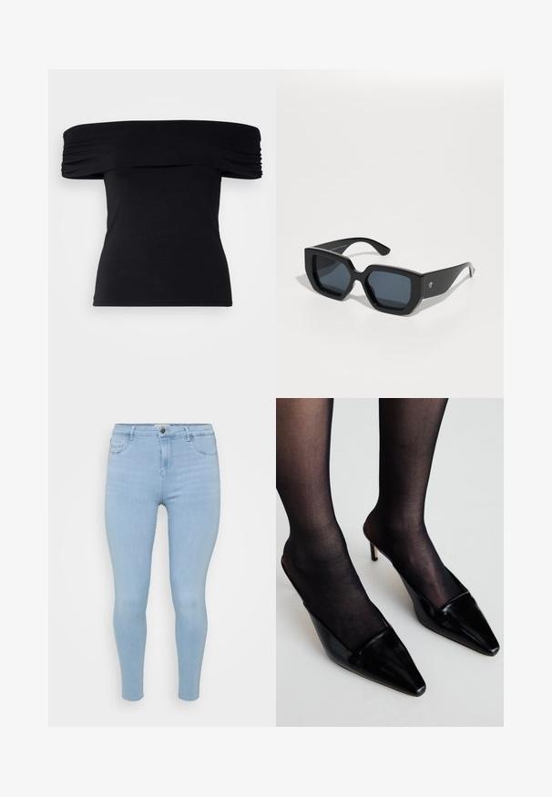 Črna majica brez naramnic, izdelana iz mehkega materiala. Ima naguban detajl ob rokavih in lepo prilegajočo silhueto.; Svijetloplave uske traperice s gumbom, pet džepova i glatkom, blago izblijedjelom teksturom.; Črne patentne mule s koničastim nosom in nizko obrobo. Imajo tanek peti in so kombinirane s črnimi prozornimi nogavicami.; Črne velike sončne očala z geometrijskim dizajnom, pravokotnimi lečami in sijočo površino. Brez vidne blagovne znamke spredaj.