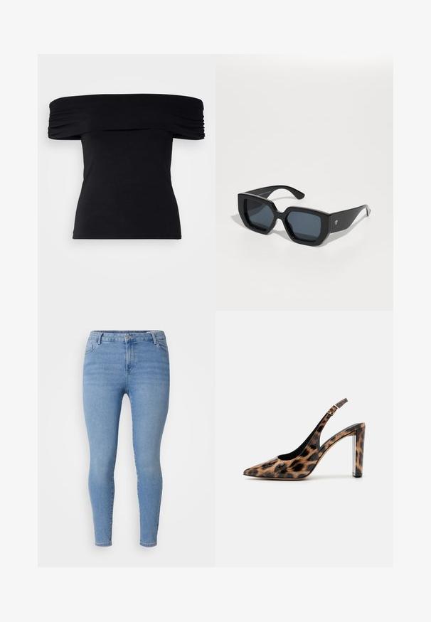 Black off-the-shoulder top made of soft fabric. Features gathered detailing along the sleeves and a fitted silhouette.; Light blue skinny jeans made of denim, featuring a classic five-pocket style, zip fly, and narrow leg openings. Smooth texture with slight fading.; Leopard print slingback pump with a pointed toe and transparent block heel. Made of glossy material with a smooth texture.; Black oversized sunglasses with a geometric design, rectangular lenses, and glossy finish. No visible branding on the front.