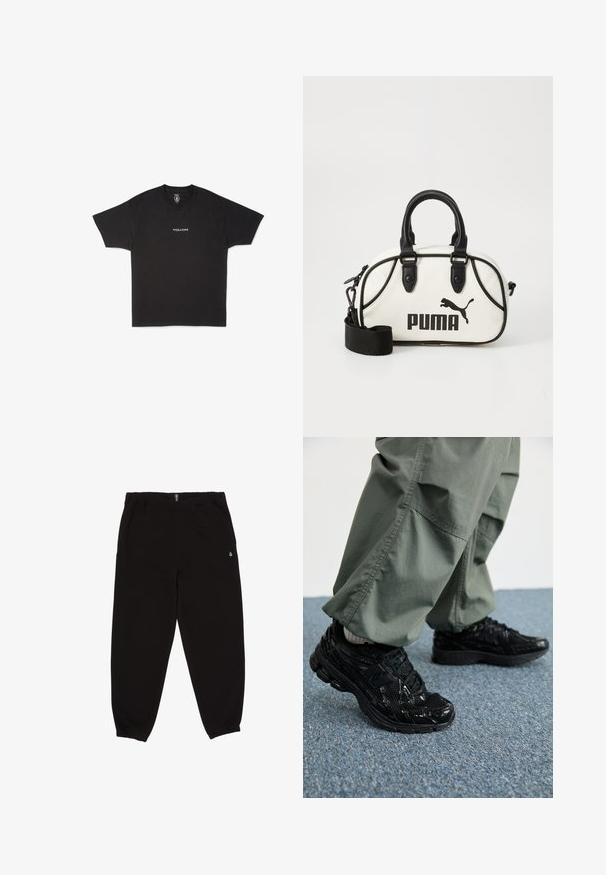 Schwarzes Baumwoll-T-Shirt mit Rundhalsausschnitt und kurzen Ärmeln, mit einem kleinen weißen "VOLCOM"-Logo, das auf der Vorderseite angebracht ist.; Volcom SINGLE STONE - Jogginghose - black; Schwarze Sport-Sneaker mit glänzenden und Netztexturen, ausgestattet mit einer dicken Sohle und Schnürsenkeln, kombiniert mit lässigen, olivgrünen Cargo-Hosen.; Weißer Handtasche mit schwarzen Akzenten, ausgestattet mit einem Puma-Logo. Kurze, abgerundete Griffe und ein abnehmbarer Schultergurt, hergestellt aus strukturiertem synthetischem Material.