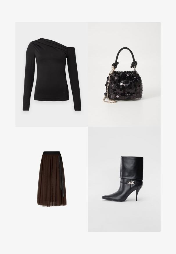 Crni dugi rukav vrh s asimetričnom izrezom, s jednim ramenom otkrivenim i nježnim drapiranjem preko grudnog dijela.; Smeđa midi-dužine suknja od tuljca s crnim elastičnim pojasom i dugim crnim trakama koje vise s jedne strane.; Crna kožna gležnjača s šiljastim prstom, visokim stiletto potplatom, preklopnim rubom i zlatnom dekorativnom kopčom na gležnju.; Crna mini torbica sa šljokicama, s čvorastim teksturiranim remenom i srebrnim lancem. Zaobljenog oblika s naboranim vrhom i reflektivnim detaljima.