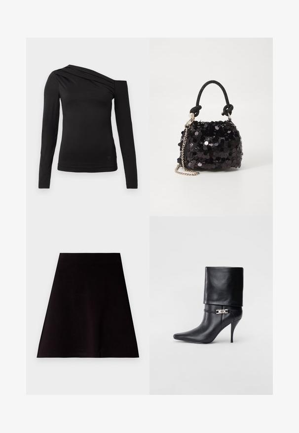 Juoda ilga rankovė viršūnė su asimetrine apykakle, parodanti vieną petį ir švelniai drapiruota per krūtinę.; Juoda A-formos mini sijonas, pagamintas iš lygios medžiagos, su švariu ir paprastu dizainu. Sukurtas su tiesiu apvadu ir be matomų raštų ar dekoracijų.; Juodos odinės kulkšninių botų su smailiu nosiu, aukštu stiletto kulnu, apvyniojamu kraštu ir auksine dekoratyvine sagtimi prie kulkšnies.; Juodas blizgučių mini rankinukas su mazguotu tekstūruotu dirželiu ir sidabro grandine. Suapvalinta forma su susiraukšlėtopu ir atspindinčiomis detalėmis.