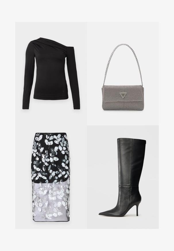Černý top s dlouhým rukávem a asymetrickým výstřihem, jedním ramenem odkrytým a jemným drapováním přes hrudník.; Cras SKIRT - Pouzdrová sukně - black; Černá kožená vysoká bota s špičatou špičkou a úzkým podpatkem stiletto, hladká textura, boční profil na neutrálním pozadí.; Světle šedá kovová kabelka s řetízkem, zdobená malými kulatými kovovými cvočky a trojúhelníkovým logem značky.