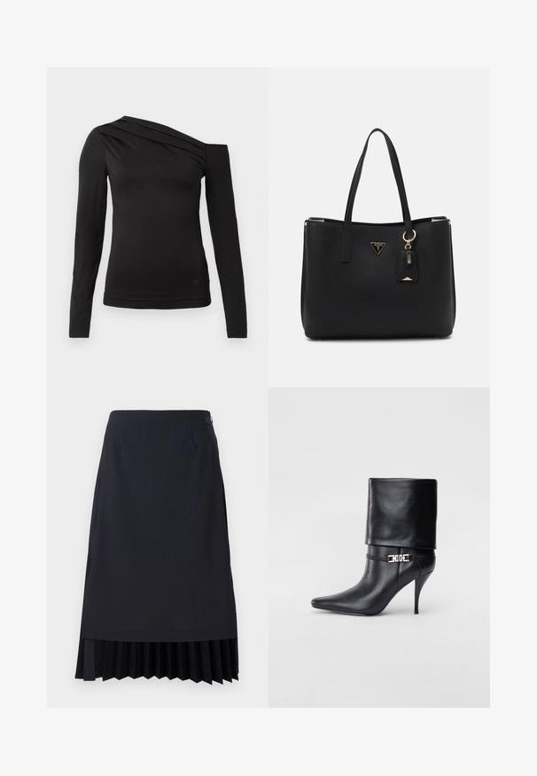 Melnas garām piedurknēm blūze ar asimetrisku kakla izgriezumu, kur viens plecs ir atklāts un maigā drapējuma akcenti krūšu daļā.; Melna zīmuļa svārku ar plisēto apakšmalu, pielāgotu piegriezumu un gludu tekstūru. Iekļauj diskrētu sānu rāvējslēdzēju un minimālisma detaļas.; Melnas ādas potīšu zābaki ar smailu purngalu, augstu stiletto papēdi, salocītu aproci un zeltītu dekoratīvu sprādzi uz potītes.; Melnā tote soma, kas izgatavota no teksturēta sintētiska materiāla, ar divām rokām, zelta logotipa plāksni un mazu piekariņu ar akcenta detaļu.