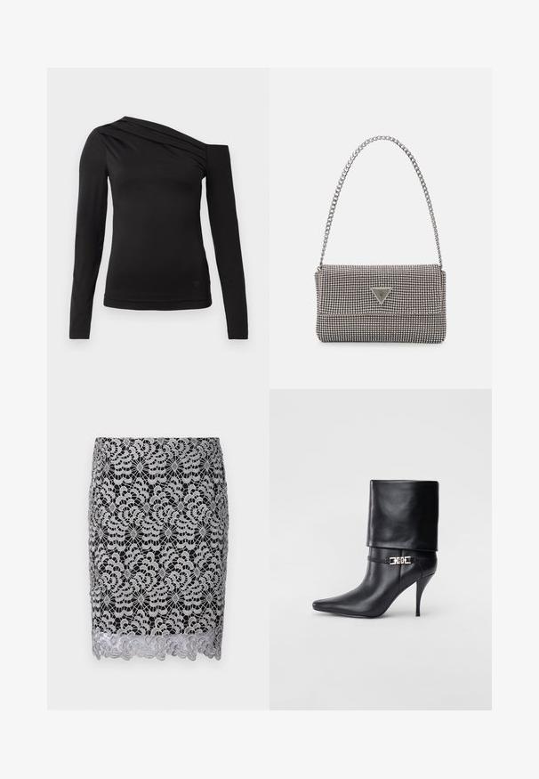 Camisa preta de mangas longas com um decote assimétrico, apresentando um ombro exposto e um drapeado suave pelo peito.; Saia de renda preta com padrão floral prateado, bainha com recortes e textura de croché intrincada. Design justo com forro suave por baixo.; Bota de tornozelo em couro preto com bico fino, alto salto stiletto, punho dobrado e detalhe decorativo em fivela dourada no tornozelo.; Bolsa metálica cinza claro com uma alça de corrente, adornada com pequenos rebites metálicos circulares e um logótipo triangular da marca.