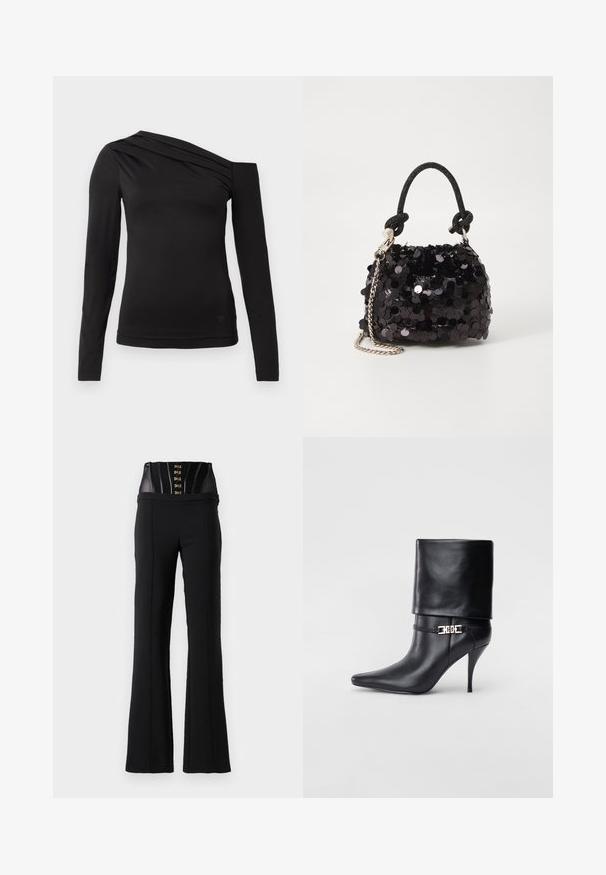 Črna dolga majica z dolgimi rokavi z asymetričnim izrezom, ki razkriva eno ramo in ima nežno padajočo draperijo čez prsi.; Črne hlače z visokim pasom, opremljene s črnim korzetom, ki ima zaponke na kljuke in oči ter vertikalne šive.; Črne usnjene gležnjarje z ostrim nosom, visokim stiletto peto, zavihanim robom in zlatim okrasnim zaponko na gležnju.; Črna mini torbica s palčkami iz bleščic, z vozlanim teksturiranim trakom in srebrnima verigama. Okrogla oblika z nabranim vrhom in odsevnimi detajli.