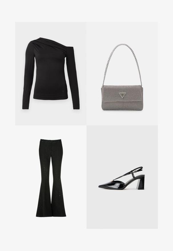 Crni dugi rukav vrh s asimetričnom izrezom, s jednim ramenom otkrivenim i nježnim drapiranjem preko grudnog dijela.; Crne trapezice izrađene od teksturirane tkanine, s blistavim uzorkom, prilagođenim strukom i krojem koji se širi od koljena.; Crne lakirane kožne cipele s otvorenom petom, visoke potpetice, šiljastog prsta, podesivom trakom i debelim pravokutnim potplatom.; Svijetlosivi metalik ruksač s lancem, ukrašen malim okruglim metalnim zakovicama i trokutastim logotipom marke.