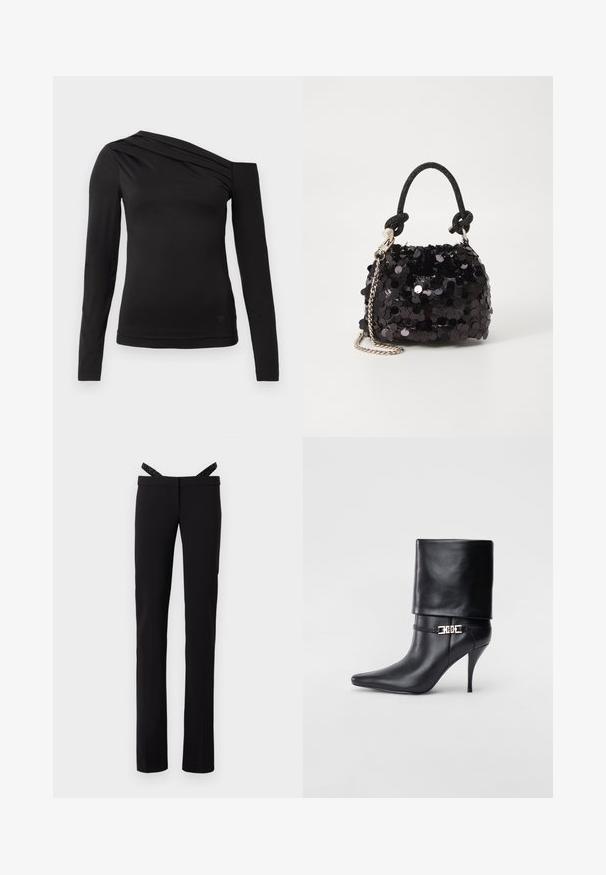 Melnas garām piedurknēm blūze ar asimetrisku kakla izgriezumu, kur viens plecs ir atklāts un maigā drapējuma akcenti krūšu daļā.; Melni taisni bikses ar šauru piegriezumu un spīdīgām melnām piekarēm, kas pievienotas jostasvieta, uz baltas fona.; Melnas ādas potīšu zābaki ar smailu purngalu, augstu stiletto papēdi, salocītu aproci un zeltītu dekoratīvu sprādzi uz potītes.; Melna spīguļota mini rokas soma ar mezglotu teksturētu siksniņu un sudraba ķēdi. Apaļa forma ar sakopotām malām un atstarojumu detaļām.