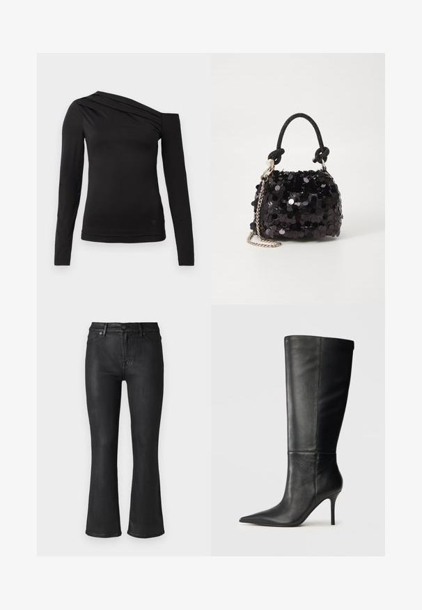 Haut noir à manches longues avec un décolleté asymétrique, mettant en valeur une épaule dénudée et un drapé délicat sur la poitrine.; Jean noir évasé en denim ; dispose d'un design à cinq poches standard, de passants de ceinture et d'une fermeture à bouton à l'avant. Texture lisse, coupe taille moyenne.; Botte noire en cuir, hauteur genou, avec bout pointu et talon aiguille fin, texture lisse, profil latéral sur fond neutre.; Mini sac à main en sequins noirs avec une bandoulière texturée nouée et une chaîne argentée. Forme arrondie avec un haut froncé et des détails réfléchissants.