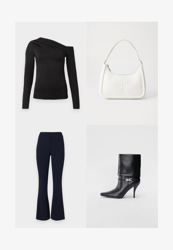 Black long-sleeve top with an asymmetrical neckline, featuring one shoulder exposed and gentle draping across the chest.; Navy blue flared pants made from a smooth fabric, featuring a high waist and subtle stretch for comfort. No visible hardware or patterns.; Black leather ankle boot with a pointed toe, high stiletto heel, fold-over cuff, and a gold decorative buckle detail on the ankle.; White leather handbag with a curved shape, featuring an embossed "CK" logo on the front and a single shoulder strap. Zipper closure at top.
