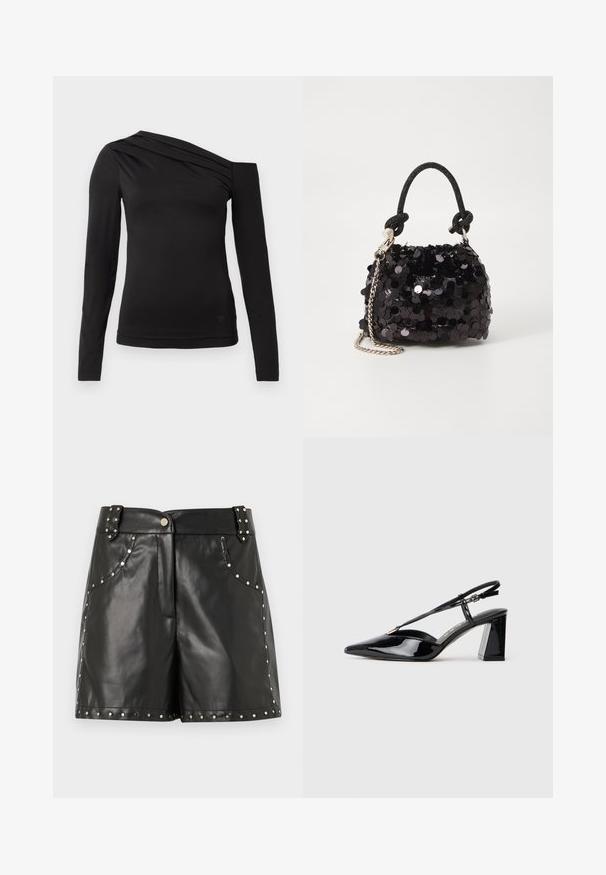 Černý top s dlouhým rukávem a asymetrickým výstřihem, jedním ramenem odkrytým a jemným drapováním přes hrudník.; Černé kožené kraťasy se stříbrnými hroty podél kapes a spodního lemu, s hladkou texturou a přizpůsobeným střihem. Detail pásku s přezkou.; Černé lakované slingback boty na vysokém podpatku s špičatou špičkou, nastavitelným páskem a masivním obdélníkovým podpatkem.; Černá mini kabelka s flitry, s uzlovým texturovaným popruhem a stříbrným řetízkem. Zaoblený tvar s nařaseným vrchem a reflexními detaily.