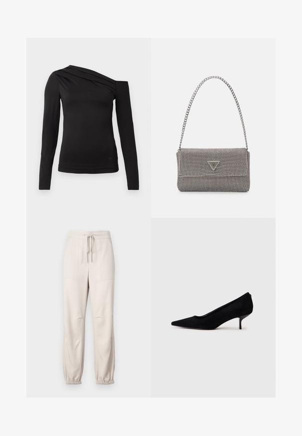 Svart langermet topp med asymmetrisk halslinje, med én skulder eksponert og mild drapering over brystet.; Beige, lette bukser med elastisk midje, snøring og elastiske mansjetter. Har to frontlommer og en glatt tekstur.; Sorte semskede høyhælte sko med spiss tå og slank, lav hæl. Glatt tekstur med et elegant design, uten synlig maskinvare.; Lys grå metallisk håndveske med kjedehank, dekorert med små sirkulære metalliske nagler og en triangel merkevarelogo.
