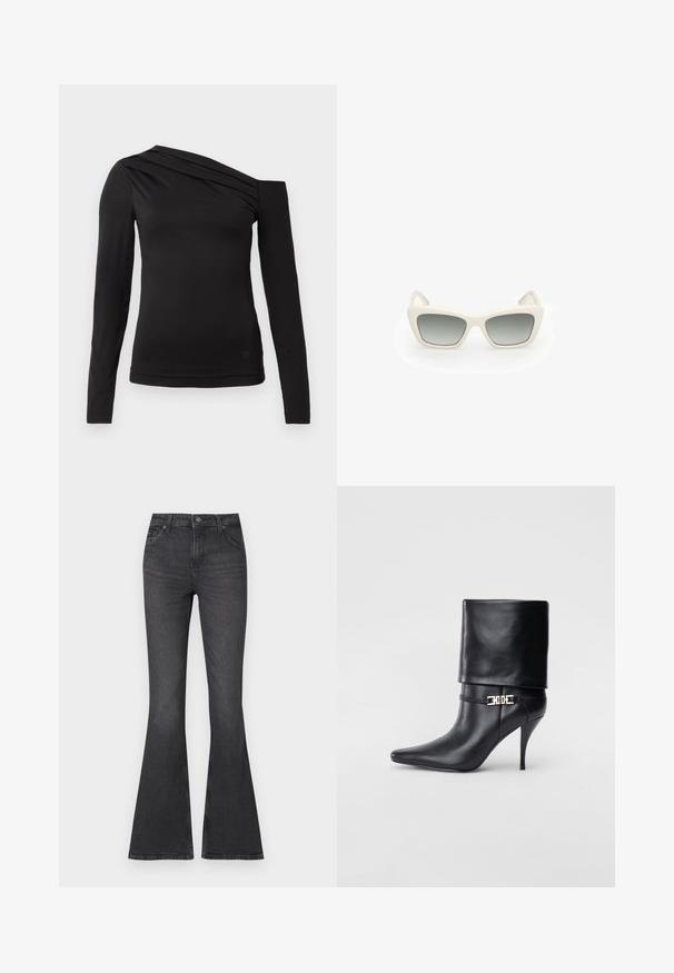 Top manica lunga nera con scollatura asimmetrica, caratterizzato da una spalla scoperta e delicate drappeggi sul petto.; Jeans in denim neri a zampa d'elefante con vita alta, caratterizzati da un classico design a cinque tasche e leggere variazioni di texture.; Stivale ankle in pelle nera con punta affusolata, alto tacco a stiletto, risvolto sulla caviglia e un elegante dettaglio in oro con fibbia decorativa.; Occhiali da sole con design a occhiale da gatto, montatura in plastica bianca, lenti grigie sfumate e astine sottili con un discreto dettaglio del marchio.