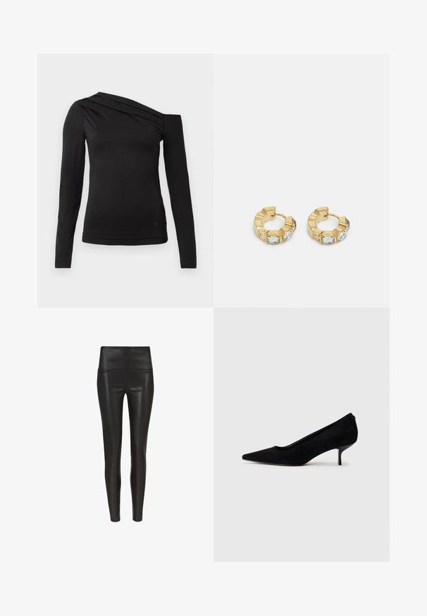 Černý top s dlouhým rukávem a asymetrickým výstřihem, jedním ramenem odkrytým a jemným drapováním přes hrudník.; Černé legíny z umělé kůže s vysokým pasem a hladkým, lesklým povrchem v obepnutém střihu, zúžené u kotníku. Bez viditelných švů.; Černá semišová dámská vysoká bota s špičatou špičkou a štíhlým, nízkým podpatkem. Hladký povrch s elegantním designem, bez viditelného kování.; Zlaté kruhové náušnice s texturovaným designem a třemi jasnými krystalovými akcenty na jedné straně, které nabízejí moderní geometrickou estetiku.