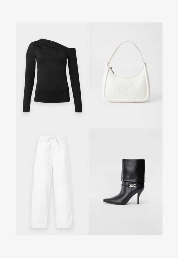 Black long-sleeve top with an asymmetrical neckline, featuring one shoulder exposed and gentle draping across the chest.; White, wide-leg pants made of denim, featuring a drawstring waist and two front pockets, with a smooth texture and clean design.; Black leather ankle boot with a pointed toe, high stiletto heel, fold-over cuff, and a gold decorative buckle detail on the ankle.; White leather handbag with a curved shape, featuring an embossed "CK" logo on the front and a single shoulder strap. Zipper closure at top.
