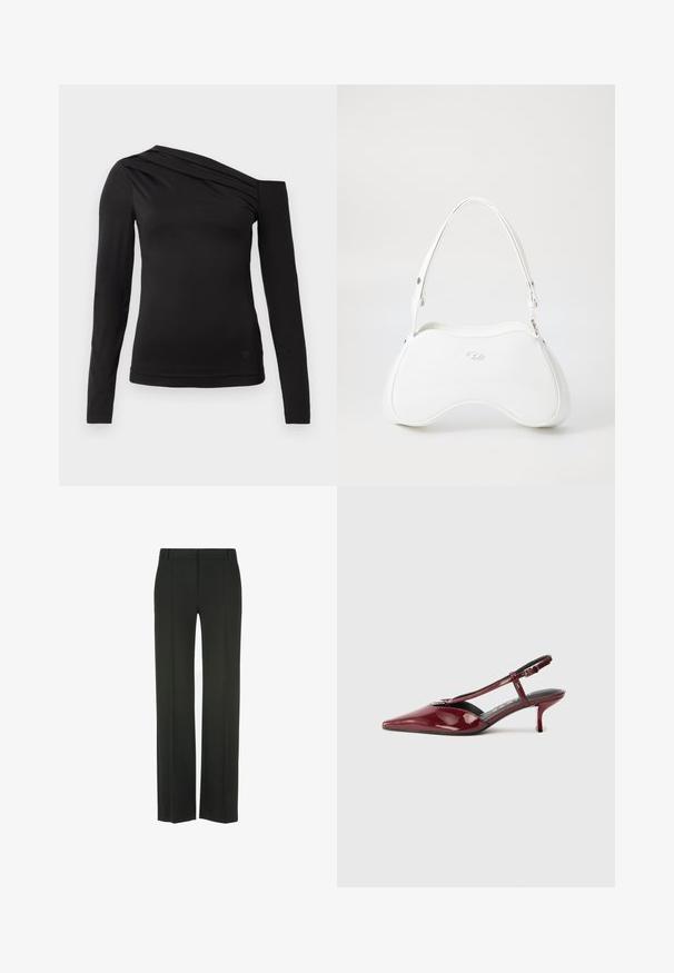 Black long-sleeve top with an asymmetrical neckline, featuring one shoulder exposed and gentle draping across the chest.; Black, wide-leg trousers made of smooth fabric; features a flat front with crease lines, belt loops, and a tailored silhouette.; Glossy burgundy leather pointed-toe kitten heel slingback shoe with T-strap and silver buckle on white background.; White handbag with a smooth, glossy surface, curved shape, and a single adjustable strap. Features a logo embossed on the front.