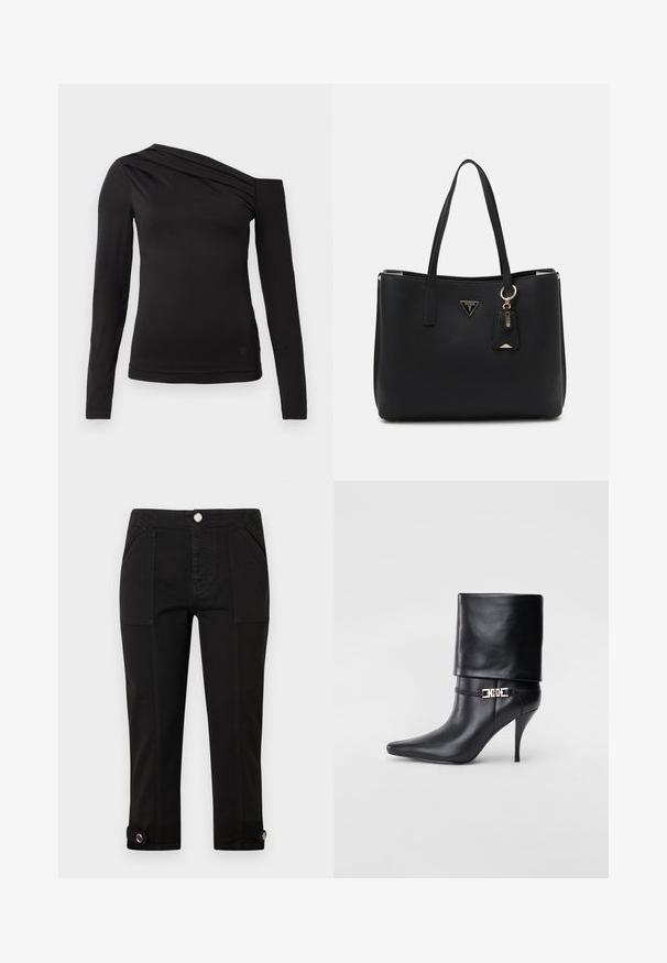Must emapnevarblouse mustaga, millel on asümmeetriline kaelus, avatud on üks õlg ja rindkere peal on pehmed volangid.; Mustad mustad püksid, mis on valmistatud denimist, ees on taskud, nööbiga sulgemine ning igal jalal kumm koos nööbiprofiiliga.; Mustad nahast pahkluu saapad terava nina, kõrge stilettokanna, volditud äärega ja kuldse dekoratiivse pandlaga pahkluul.; Musthave mustkott, mis on valmistatud tekstuuriga sünteetilisest materjalist, kahes käepidemes, millel on kuldne logo plaat ja väike märgistus koos aksendiga.