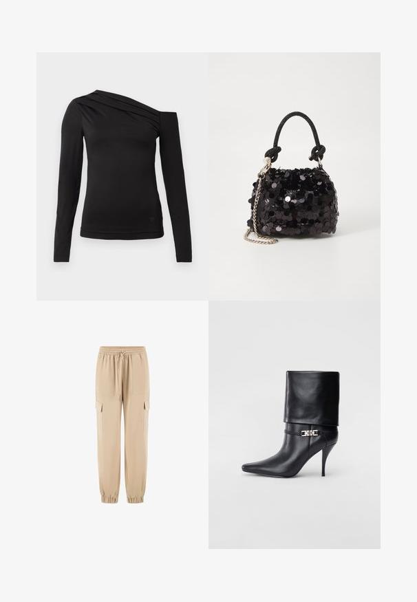 Schwarzes langärmliges Oberteil mit asymmetrischem Ausschnitt, eines der Schultern ist frei und sanft drapiert über der Brust.; Beige Cargo-Hosen aus weichem Stoff, mit elastischem Bund, Kordelzug und Seitentaschen. Schmal zulaufendes Bein mit elastischen Bündchen.; Schwarze Leder-Ankle-Boots mit spitzer Zehenpartie, hohen Stiletto-Absätzen, umgeschlagenem Schaft und einem goldenen dekorativen Schnallen-Detail an der Knöchel.; Schwarze Pailletten-Mini-Handtasche mit einem geknoteten, strukturierten Tragegurt und einer silbernen Kette. Abgerundete Form mit gerafftem oberen Teil und reflektierenden Details.