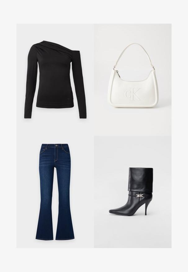 Top negru cu mâneci lungi și decolteu asimetric, având un umăr expus și drapaj delicat pe piept.; Jeans evazați de un albastru închis din țesătură denim. Au talie înaltă, cinci buzunare, cusături portocalii și închidere cu buton metalic.; Botine negre din piele, cu vârf ascuțit, toc înalt și subțire, cu manșetă pliată și un detaliu decorativ cu cataramă aurie la gleznă.; Geantă de umăr din piele albă cu formă curbată, având un logo "CK" embosat pe partea din față și un singur braț de umăr. Închidere cu fermoar în partea de sus.