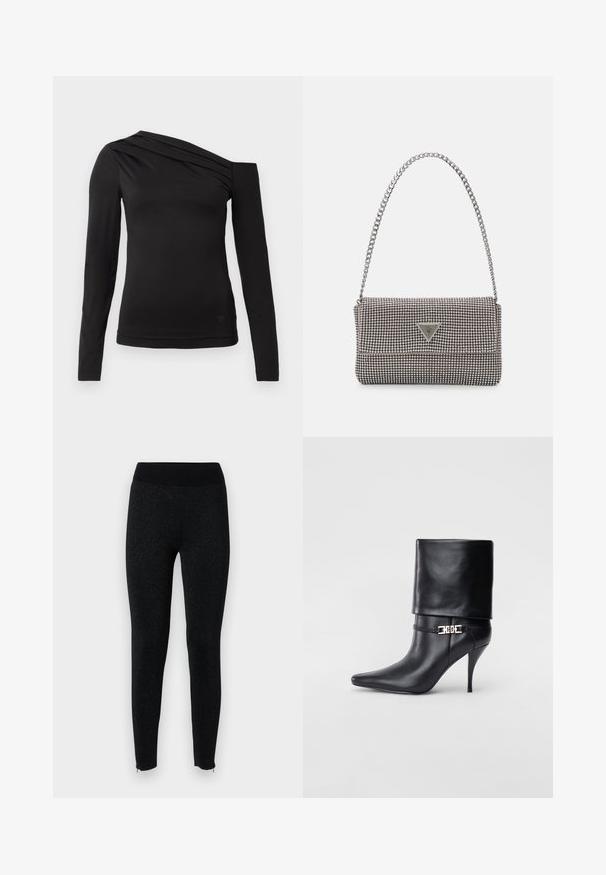Crni dugi rukav vrh s asimetričnom izrezom, s jednim ramenom otkrivenim i nježnim drapiranjem preko grudnog dijela.; Crne tajice s rebrastim pojasom, izrađene od teksturiranog materijala s suptilnim metalik sjajem, s cipzarem na rubovima gležnjeva.; Crna kožna gležnjača s šiljastim prstom, visokim stiletto potplatom, preklopnim rubom i zlatnom dekorativnom kopčom na gležnju.; Svijetlosivi metalik ruksač s lancem, ukrašen malim okruglim metalnim zakovicama i trokutastim logotipom marke.