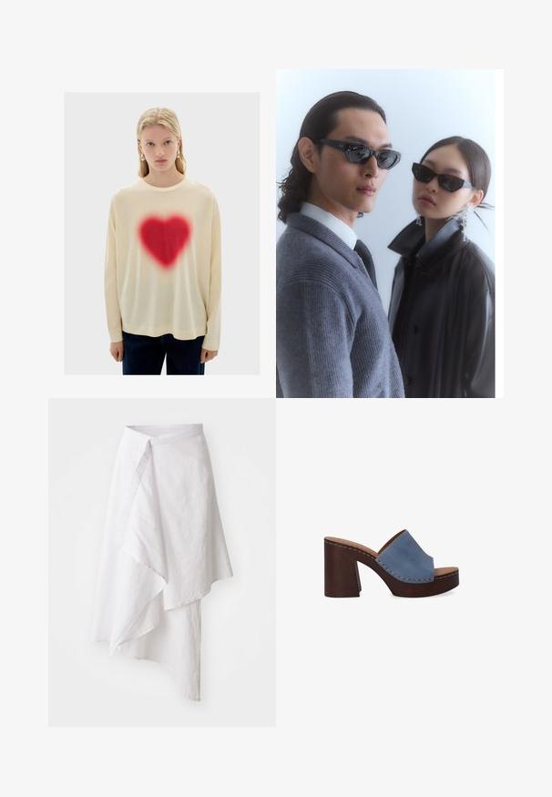 Crème kleurige longsleeve shirt met een grote, rode hartgraphic in het midden, gekenmerkt door een zachte textuur en een ontspannen fit, gecombineerd met donkere denim broek.; Witte wikkelrok van lichtgewicht stof, met een asymmetrische zoomlijn, een soepele textuur en een eenvoudig, minimalistisch ontwerp.; Blauwe leren slidersandalen met een brede band en een gestapelde bruine blokhak, met zichtbare stiksels langs de randen.; Zonnebril met hoekige zwarte frames op een model in een grijs sweater, waarin een gestructureerde brei te zien is, en een zwart leren jack gedragen door een ander model.; Gevoerd tasje in donker navy, gemaakt van glanzend materiaal, met een gladde textuur en subtiele branding aan de voorkant. Compact en veelzijdig ontwerp.