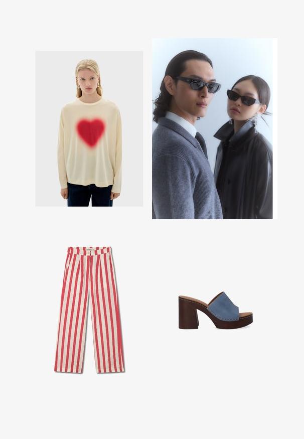 Chemise crème à manches longues avec un grand graphique en forme de cœur rouge au centre, présentant une texture douce et une coupe décontractée, associée à un pantalon en denim foncé.; Pantalons à larges tailles rayés rouges et blancs, avec une fermeture à bouton, des plis et des poches latérales. Fabriqués en un tissu léger.; Sandales à glissière en cuir bleu avec une large bande et un talon bloc brun empilé, présentant des coutures visibles le long des bords.; Lunettes de soleil avec une monture noire angulaire sur un mannequin portant un pull gris, mettant en valeur un tricot texturé et une veste en cuir noir portée par un autre mannequin.; Pochette zippée en bleu marine foncé, fabriquée dans un matériau brillant, avec une texture lisse et une marque discrète à l'avant. Design compact et polyvalent.