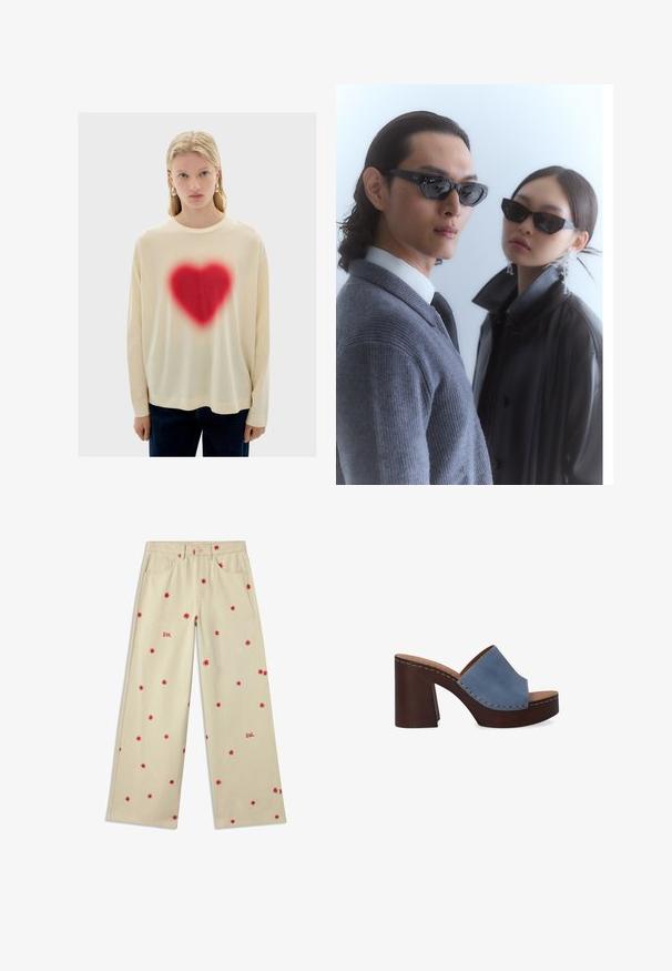 Crème kleurige longsleeve shirt met een grote, rode hartgraphic in het midden, gekenmerkt door een zachte textuur en een ontspannen fit, gecombineerd met donkere denim broek.; Beige wijde broekspijpen van katoen met rode bloemenborduursels en het woord "SOL" in het rood. Voorzien van zijzakken en een knoopsluiting.; Blauwe leren slidersandalen met een brede band en een gestapelde bruine blokhak, met zichtbare stiksels langs de randen.; Zonnebril met hoekige zwarte frames op een model in een grijs sweater, waarin een gestructureerde brei te zien is, en een zwart leren jack gedragen door een ander model.; Gevoerd tasje in donker navy, gemaakt van glanzend materiaal, met een gladde textuur en subtiele branding aan de voorkant. Compact en veelzijdig ontwerp.