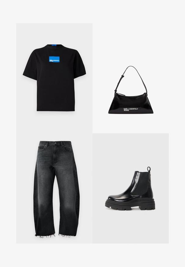 Svart bomulls t-shirt med rund halsringning, som har en blå rektangulär grafisk logotyp märkt "KARL LAGERFELD JEANS" på framsidan.; Svarta denimjeans med vid ben-design, fransad fåll, fem fickor och subtil blekning; tillverkade av slitstarkt bomullsmaterial.; Svarta läderankelstövlar med en elegant design, elastiska sidopaneler och en kraftig svart sula. Utrustade med en dragflik baktill för enkel påtagning.; Svart lackläderhandväska med triangulär form, featuring en överstängning med dragkedja och justerbar rem. Logotyp "KARL LAGERFELD JEANS" i silver.