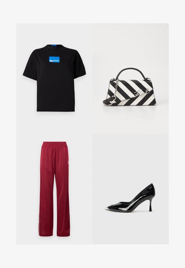 Black cotton t-shirt with a crew neck, featuring a blue rectangular graphic logo labeled "KARL LAGERFELD JEANS" on the front.; Red athletic pants made of smooth fabric with an elastic waistband. Features side stripes and a small logo detail on the left leg.; Black patent leather pump with a pointed toe, silver metallic cap, and slender heel. Features a smooth, glossy finish and subtle logo detail.; Black and white striped handbag with a structured shape, featuring a top handle, a detachable chain strap, and metallic logo accent.