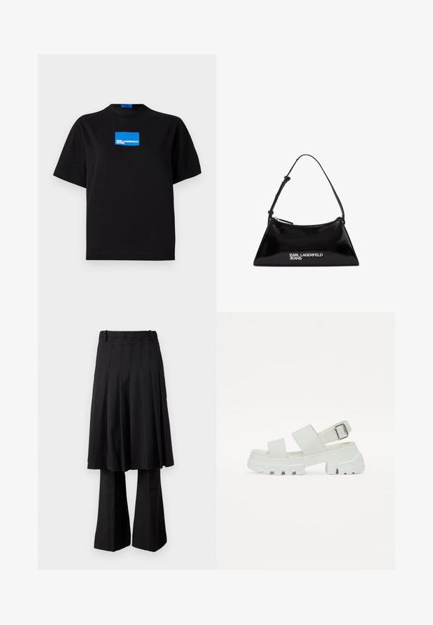 Mustad puuvillane T-särk ümarate kaelustega, mille esipaneelil on sinine ristkülikukujuline graafiline logo tekstiga "KARL LAGERFELD JEANS".; ROKH MIDI PLEATED SKIRT TROUSERS - Püksid - black; Valged sandaalid paksu tallaga, millel on kaks laia rihma ja pannal ümber pahkluu. Sile tekstuur, minimalistlik disain.; Must mustril nahkainest käekott kolmnurkse kujuga, millel on ülemine tõmblukk ja reguleeritav rihm. Hõbedane logo "KARL LAGERFELD JEANS".
