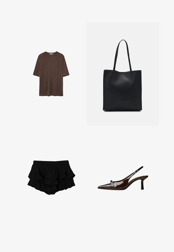Smeđa majica kratkih rukava od mekog materijala, s okruglim izrezom i opuštenim krojem. Glatka tekstura bez uzoraka ili ukrasa.; Crne kratke hlače s nabranim rubom i elastičnom gumom, koje imaju tri sloja volana i suptilnu teksturiranu tkaninu, stvarajući slojevitu siluetu.; Smeđe lakirane slingback cipele s upPointom, niskom petom i dekorativnom mašnom sprijeda. Glatka, sjajna tekstura.; Crna kožna torba za nošenje s glatkom teksturom, pravokutnim oblikom i dvije duge ručke. Nema vidljivih metalnih dijelova ili ukrasa.