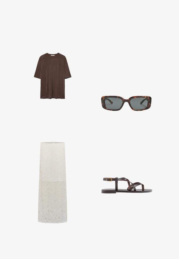 T-shirt marron à manches courtes en tissu doux, avec un col rond et une coupe décontractée. Texture lisse sans motifs ni accents.; Abat-jour en dentelle blanc, de forme cylindrique avec un motif floral, texture transparente, et bord supérieur lisse. S'adapte à un support d'ampoule standard.; Sandale en cuir marron avec des brides entrecroisées, une fermeture à boucle à la cheville et une semelle plate avec des détails de couture minimaux.; Lunettes de soleil en écaille de tortue avec des verres rectangulaires, monture épaisse et verres teintés foncés. Texture lisse et design minimaliste.