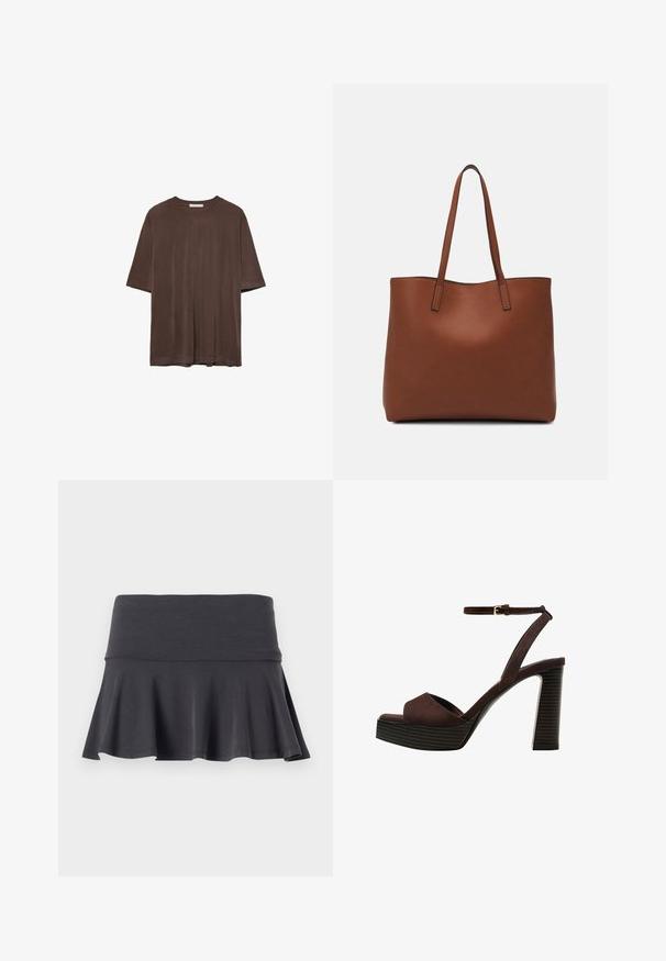 Braunes kurzärmeliges T-Shirt aus weichem Stoff, mit Rundhalsausschnitt und lockerer Passform. Glatte Textur ohne Muster oder Akzente.; Grau ausgestellter Rock aus weichem Stoff mit einem schmalen Bund. Der Saum sorgt für eine sanfte Ausstrahlung und fördert die Bewegungsfreiheit sowie den Komfort.; Braune Wildleder-Pumps mit offenem Zeh, verstellbarem Knöchelriemen und gestreiftem Plateausohlen.; Braune Leder-Tote mit glatter Textur, offenem Oberteil und zwei Schulterriemen. Verfügt über minimale Nähte und keine sichtbaren Beschläge.