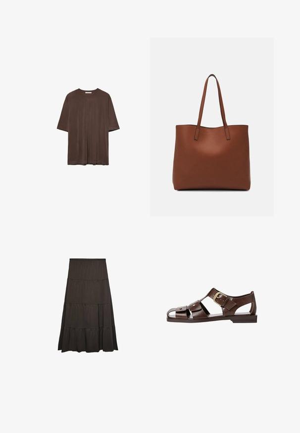 Hnědé tričko s krátkým rukávem vyrobené z měkké tkaniny, s kulatým výstřihem a volným střihem. Hladký povrch bez vzorů nebo akcentů.; Tmavě hnědá maxi sukně s vrstveným designem vyrobená z měkké látky s elastickým pasem. Obsahuje tři horizontální volány po celé délce.; Hnědé kožené sandály s výřezovým designem, nastavitelnou boční sponou a plochou podrážkou, s kovovými detaily a otevřenou špičkou.; Hnědá kožená taška přes rameno s hladkou texturou, otevřeným designem a dvěma ramenními popruhy. Obsahuje minimální švy a žádné viditelné kovové prvky.