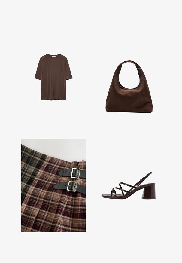 T-shirt marron à manches courtes en tissu doux, avec un col rond et une coupe décontractée. Texture lisse sans motifs ni accents.; Jupe de style kilt en tissu tartan comportant des nuances de noir, beige et bordeaux. Comprend deux sangles en cuir noir avec des boucles en argent.; Sandale à talons hauts marron avec des brides, dotée d'un talon épais, affichant une finition lisse et brillante avec plusieurs brides croisées sur le dessus.; Sac à main en toile marron doux de style hobo avec une large sangle unique et une ouverture en haut arrondie, présenté sur un fond blanc.