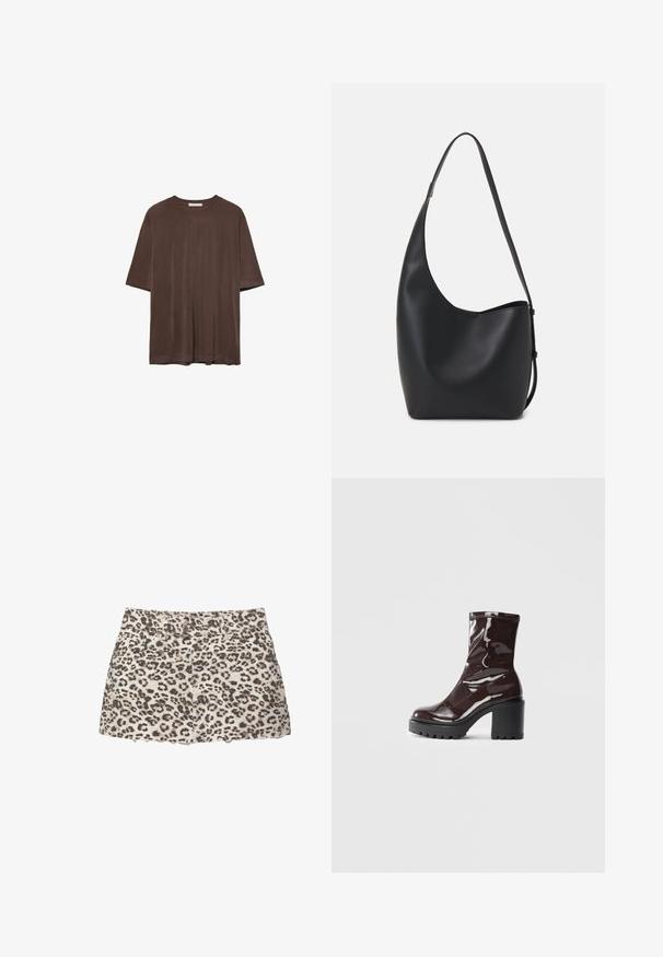 Smeđa majica kratkih rukava od mekog materijala, s okruglim izrezom i opuštenim krojem. Glatka tekstura bez uzoraka ili ukrasa.; Traper mini suknja s leopard uzorkom, s poderanim rubom, prednjim džepovima i klasičnim pojasom s dva metalna dugmeta.; Sjajna burgundska čizma do gležnja s debelim crnim potplatom, koja se odlikuje glatkom teksturom i jednostavnim dizajnom. Nema vidljivih kopčanja ili uzoraka.; Crna kožna hobo torba s glatkom teksturom, zakrivljenim oblikom i jednom podesivom trakicom; ima širok otvor na vrhu.