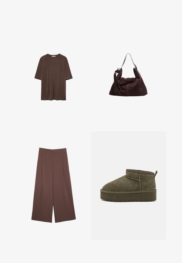 Hnědé tričko s krátkým rukávem vyrobené z měkké tkaniny, s kulatým výstřihem a volným střihem. Hladký povrch bez vzorů nebo akcentů.; Hnědé široké kalhoty s hladkou texturou, vysokým pasem a předními záhyby. Materiál je lehký a volně splývá.; Olivově zelené semišové kotníkové boty s kulatou špičkou, prošívanými detaily a silnou podešví s texturovaným vzorem. Malý poutko na zadní straně.; Tyrkysová hobo taška z tmavě hnědého nubuku se širokým nastavitelným koženým popruhem a měkkým, uvolněným tělem na bílém pozadí.