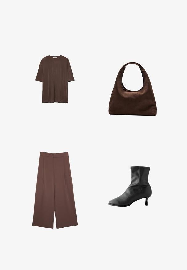 Hnědé tričko s krátkým rukávem vyrobené z měkké tkaniny, s kulatým výstřihem a volným střihem. Hladký povrch bez vzorů nebo akcentů.; Hnědé široké kalhoty s hladkou texturou, vysokým pasem a předními záhyby. Materiál je lehký a volně splývá.; Černá kotníková bota z hladké kůže, s špičatou špičkou a úzkým, válcovým podpatkem. Prošívání podél horního okraje.; Měkká hnědá kabelka ve stylu hobo s jedním širokým popruhem a zakřiveným horním otvorem, vystavená na bílém pozadí.