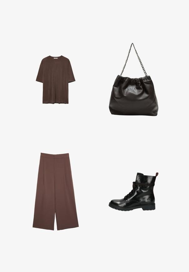 Brązowy podkoszulek z krótkim rękawem wykonany z miękkiego materiału, z okrągłym dekoltem i luźnym krojem. Gładka struktura bez wzorów czy akcentów.; Brązowe spodnie o szerokich nogawkach z gładką fakturą, z wysokim stanem i plisami z przodu. Materiał jest lekki i luźno opada.; Czarne skórzane botki za kostkę o błyszczącej powierzchni, okrągłym nosku, z przodem wiązanym i kontrastującymi burgundowymi akcentami na sznurówkach oraz kołnierzu. Trwała gumowa podeszwa.; Brązowa skórzana torba z marszczonym szczytem i łańcuszkowym paskiem. Gładka tekstura z błyszczącym wykończeniem i subtelnymi detalami szwów po bokach.