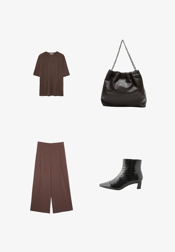 T-shirt marron à manches courtes en tissu doux, avec un col rond et une coupe décontractée. Texture lisse sans motifs ni accents.; Pantalons larges marron avec une texture lisse, dotés d'une taille haute et de plis à l'avant. Le tissu est léger et tombe de manière fluide.; Bottines noires en matériau brillant à motif crocodile. Dotées d'un bout pointu et d'un talon carré de 3 pouces. Texture lisse, fermeture éclair.; Sac en cuir marron avec un haut froncé et une bandoulière en chaîne. Texture lisse avec une finition brillante et des coutures subtiles sur les côtés.