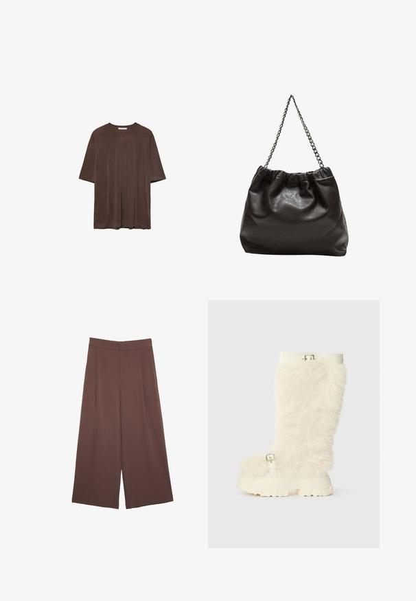 Brązowy podkoszulek z krótkim rękawem wykonany z miękkiego materiału, z okrągłym dekoltem i luźnym krojem. Gładka struktura bez wzorów czy akcentów.; Brązowe spodnie o szerokich nogawkach z gładką fakturą, z wysokim stanem i plisami z przodu. Materiał jest lekki i luźno opada.; Kozaki z kremowego sztucznego futra sięgające do kolan, z masywną białą gumową podeszwą, z klamrą i płaskim, teksturowanym wzorem.; Brązowa skórzana torba z marszczonym szczytem i łańcuszkowym paskiem. Gładka tekstura z błyszczącym wykończeniem i subtelnymi detalami szwów po bokach.