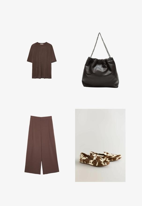 Braunes kurzärmeliges T-Shirt aus weichem Stoff, mit Rundhalsausschnitt und lockerer Passform. Glatte Textur ohne Muster oder Akzente.; Braune Weite-Leg-Hosen mit einer glatten Textur, hoher Taille und Vorderfalten. Der Stoff ist leicht und fällt locker.; Lederhausschuh mit Kuhflecken, aus weichem Material gefertigt, mit braun-weißen Mustern, im Slip-On-Design und flacher Gummisohle.; Braune Lederhandtasche mit gerafftem Oberteil und Kettenriemen. Glatte Textur mit glänzendem Finish und subtilen Nahtdetails an den Seiten.