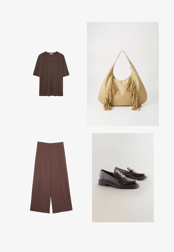 Braunes kurzärmeliges T-Shirt aus weichem Stoff, mit Rundhalsausschnitt und lockerer Passform. Glatte Textur ohne Muster oder Akzente.; Braune Weite-Leg-Hosen mit einer glatten Textur, hoher Taille und Vorderfalten. Der Stoff ist leicht und fällt locker.; Burgunderfarbene Lackleder-Slipper mit abgerundeter Spitze, gepolstertem Fußbett und schwarzer Gummisohle. Mit einem dekorativen Riemen über der Vorderseite.; Hellbraune Wildleder-Umhängetasche mit großem Öffnungsbereich und langen Fransenakzenten an beiden Seiten, verfügt über eine glatte Textur und einen einzelnen Tragegriff.
