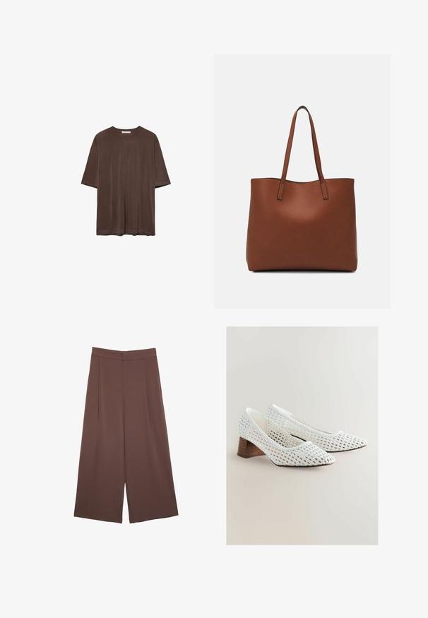 Hnedé tričko s krátkym rukávom vyrobené z mäkkej textílie, s okrúhlym výstrihom a uvoľneným strihom. Hladká štruktúra bez vzorov alebo akcentov.; Hnedé nohavice so širokými nohavicami a hladkou textúrou, s vysokým pásom a prednými skladmi. Tkanina je ľahká a voľne sa pohybuje.; Biele pletené lodičky s špicatou špičkou a nízkym dreveným podpätkom. Textúra je otvorená, pričom predvádza zložitú štruktúru.; Hnedá kožená taška na rameno s hladkou textúrou, otvoreným vrchom a dvoma ramenými popruhmi. Má minimálne šitia a žiadne viditeľné kovania.