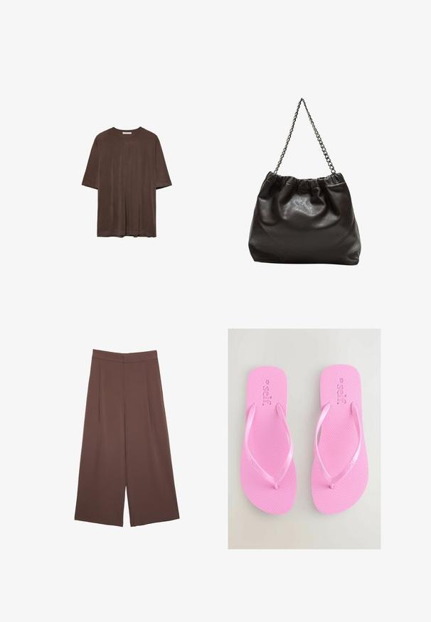 Brun kortärmad t-shirt i mjukt tyg, med rund halsringning och en avslappnad passform. Slät yta utan mönster eller detaljer.; Bruna vida byxor med en slät textur, som har hög midja och framfickor. Tyget är lätt och flödar löst.; Rosa gummiflip-flop med strukturerad fotbädd och tunna, släta remmar. Märkesnamnet "self." präglat på fotbädden.; Brun läderväska med rynkad topp och kedjesnodd. Slät textur med en blankslipad yta och subtila sömdetaljer på sidorna.